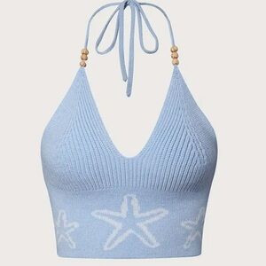 Starfish print light blue knit backless halter top, new without tags, size 12/14